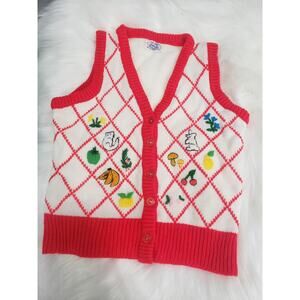 Vintage Hand Knit Embroidered Toddler Sweater Vest Mushroom Spring Farmer Market